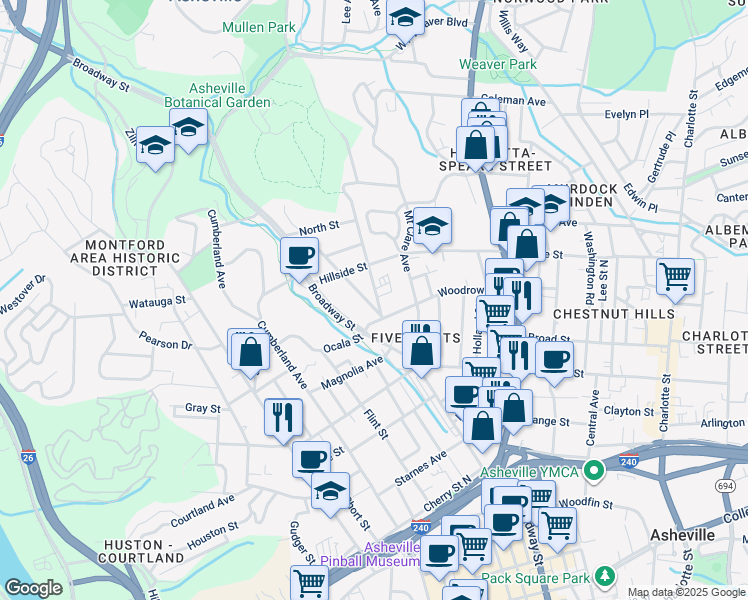 map of restaurants, bars, coffee shops, grocery stores, and more near 22 West Street in Asheville