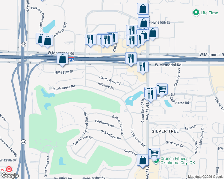 map of restaurants, bars, coffee shops, grocery stores, and more near 3104 Raintree Road in Oklahoma City