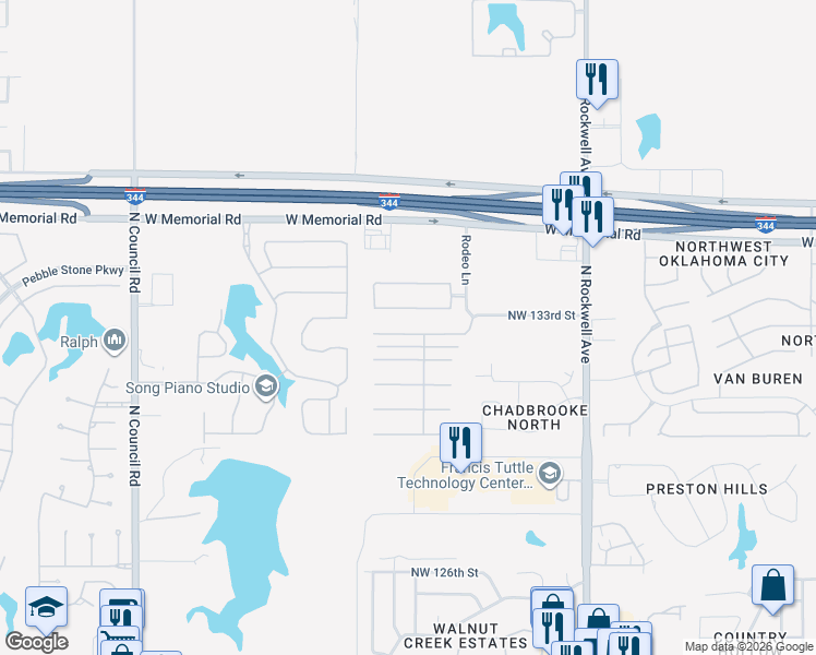 map of restaurants, bars, coffee shops, grocery stores, and more near 7509 Northwest 133rd Street in Oklahoma City