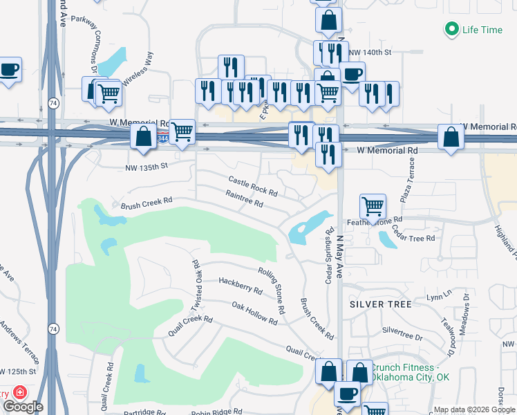 map of restaurants, bars, coffee shops, grocery stores, and more near 3104 Raintree Road in Oklahoma City