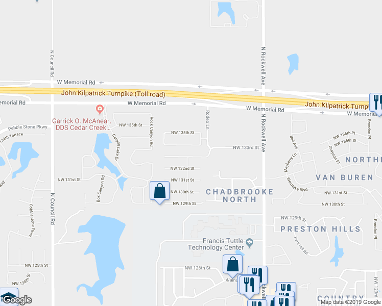 map of restaurants, bars, coffee shops, grocery stores, and more near 7437 Northwest 133rd Street in Oklahoma City
