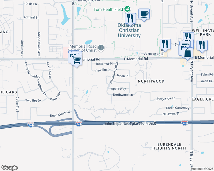 map of restaurants, bars, coffee shops, grocery stores, and more near 13417 Chinaberry Lane in Edmond