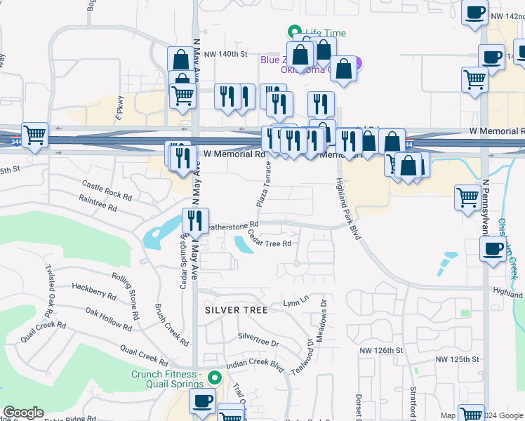 map of restaurants, bars, coffee shops, grocery stores, and more near 3 Plaza Terrace in Oklahoma City