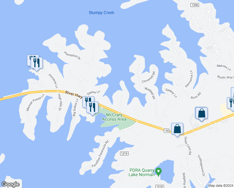 map of restaurants, bars, coffee shops, grocery stores, and more near 131 Long Cove Lane in Mooresville
