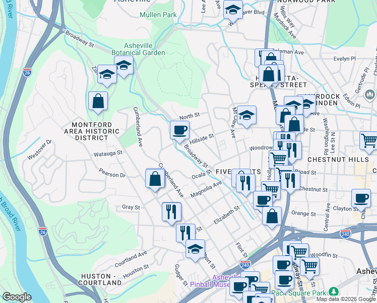 map of restaurants, bars, coffee shops, grocery stores, and more near 421 Broadway Street in Asheville