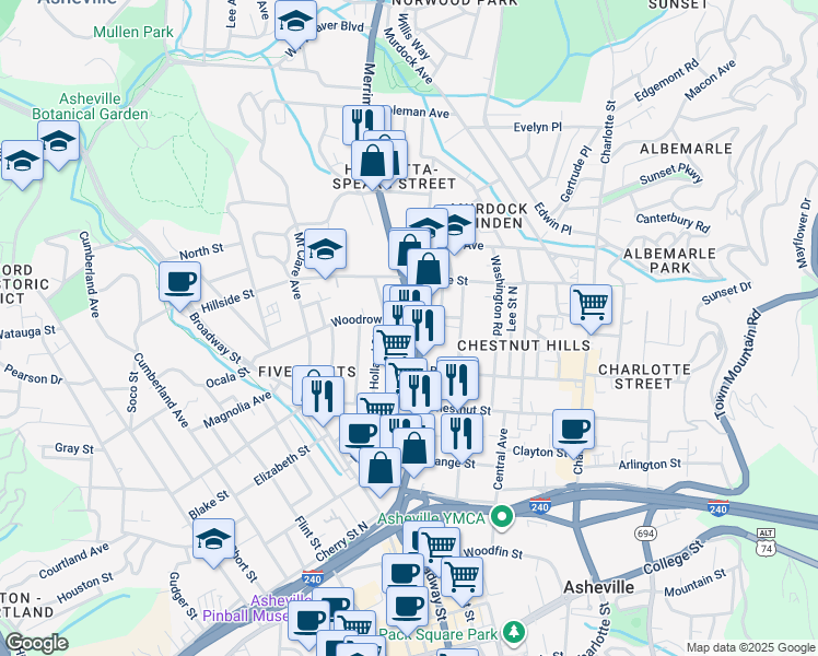 map of restaurants, bars, coffee shops, grocery stores, and more near 17 Eloise Street in Asheville