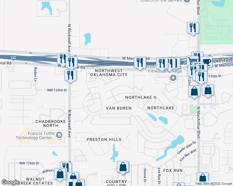 map of restaurants, bars, coffee shops, grocery stores, and more near 6617 Northwest 134th Street in Oklahoma City