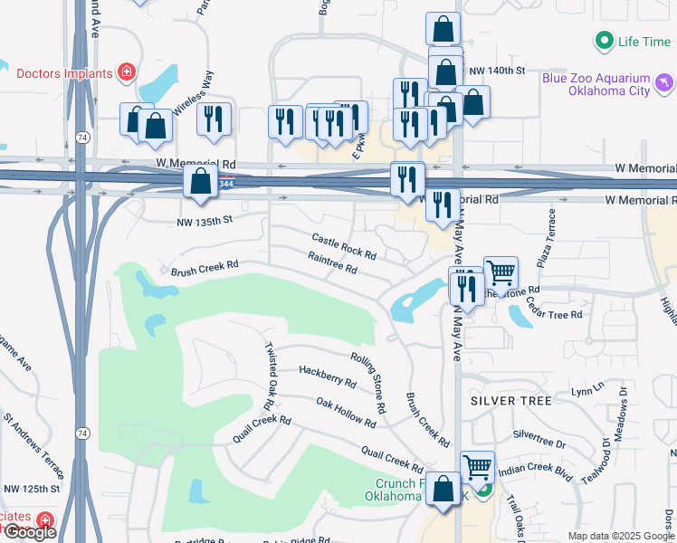 map of restaurants, bars, coffee shops, grocery stores, and more near 3200 Brush Creek Road in Oklahoma City