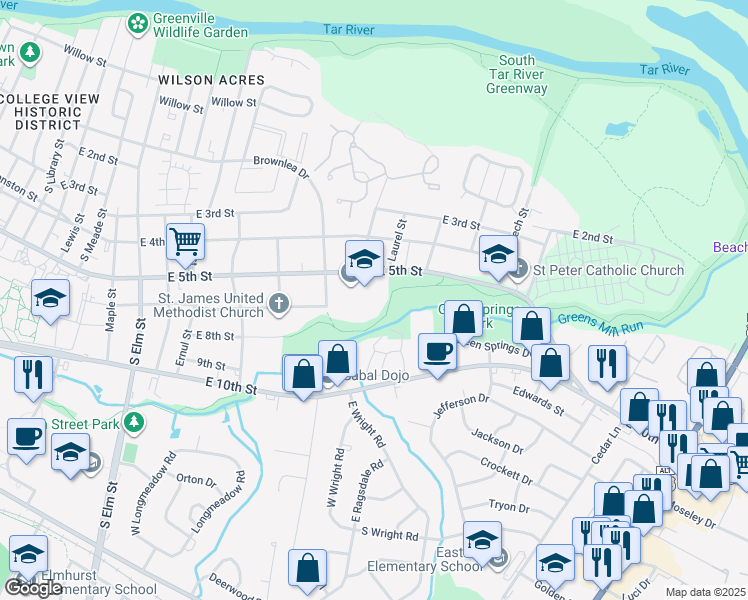 map of restaurants, bars, coffee shops, grocery stores, and more near 2200 East 5th Street in Greenville