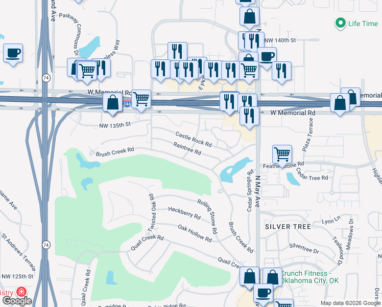 map of restaurants, bars, coffee shops, grocery stores, and more near 3200 Brush Creek Road in Oklahoma City