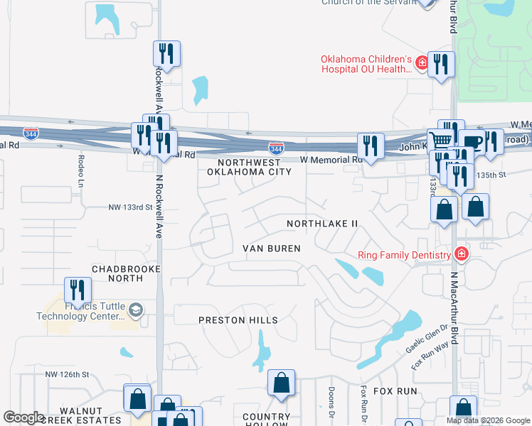 map of restaurants, bars, coffee shops, grocery stores, and more near 6616 Northwest 134th Street in Oklahoma City