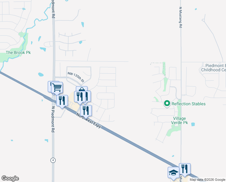 map of restaurants, bars, coffee shops, grocery stores, and more near 11704 Northwest 133rd Street in Piedmont