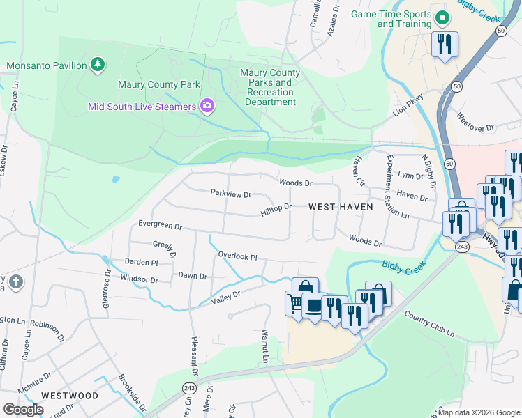 map of restaurants, bars, coffee shops, grocery stores, and more near 310 Hilltop Drive in Columbia