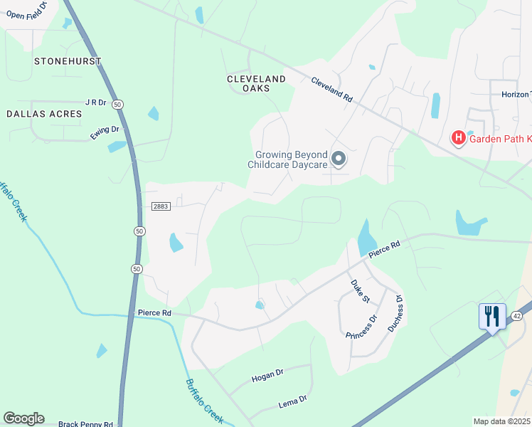 map of restaurants, bars, coffee shops, grocery stores, and more near 451 Pierce Landing Drive in Garner
