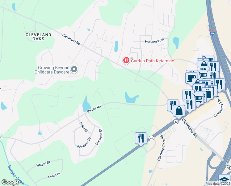 map of restaurants, bars, coffee shops, grocery stores, and more near 165 Waterpine Drive in Garner