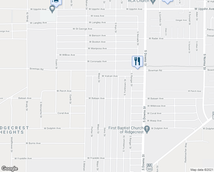 map of restaurants, bars, coffee shops, grocery stores, and more near 1008 Sims Street in Ridgecrest