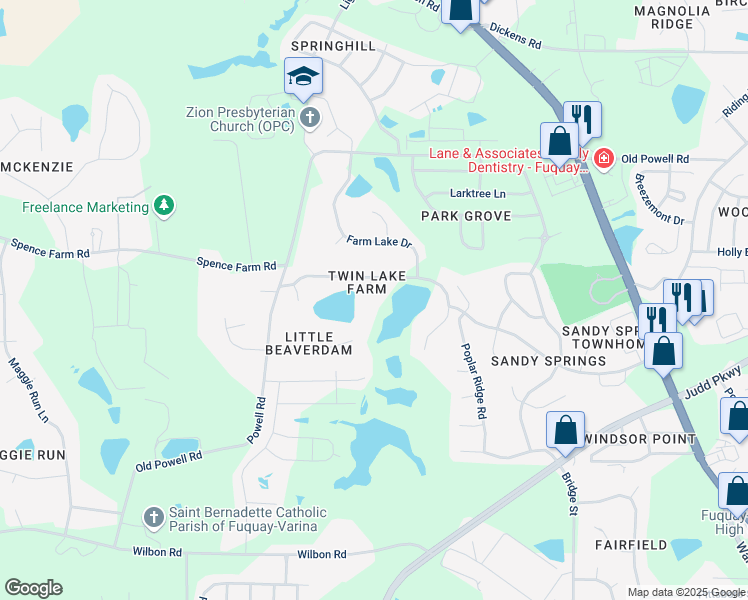 map of restaurants, bars, coffee shops, grocery stores, and more near 7000 Blue Water Court in Holly Springs