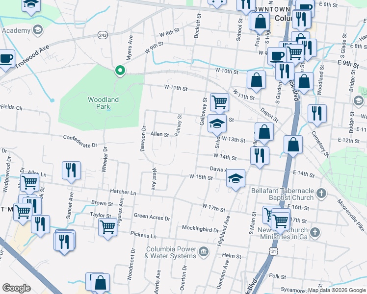 map of restaurants, bars, coffee shops, grocery stores, and more near 506 West 14th Street in Columbia
