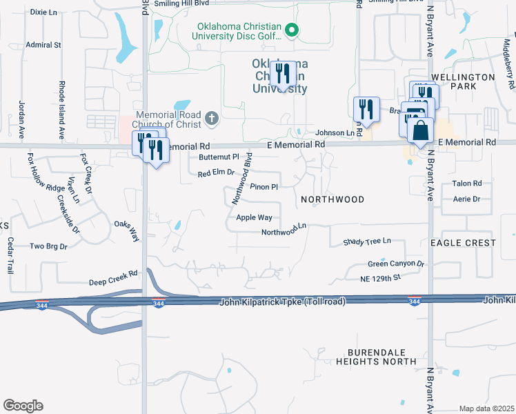 map of restaurants, bars, coffee shops, grocery stores, and more near 2401 Apple Way in Edmond