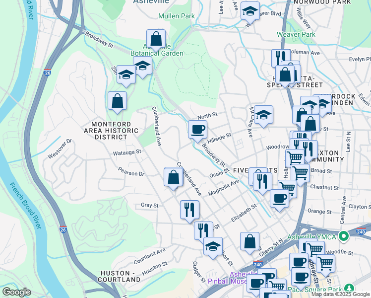 map of restaurants, bars, coffee shops, grocery stores, and more near 16 Cauble St in Asheville