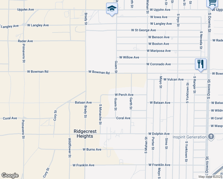 map of restaurants, bars, coffee shops, grocery stores, and more near 1504 West Perch Avenue in Ridgecrest
