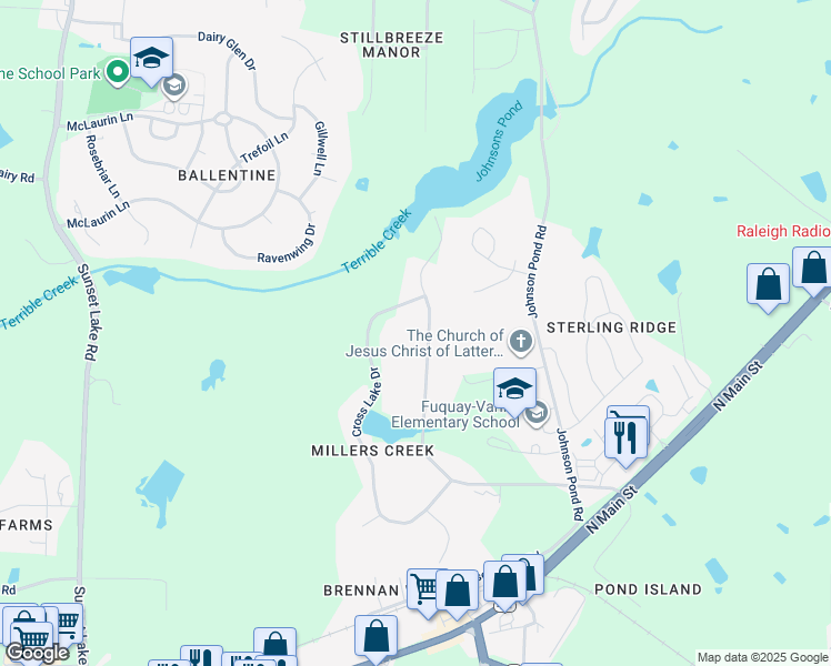 map of restaurants, bars, coffee shops, grocery stores, and more near 313 Mill Creek Drive in Fuquay Varina