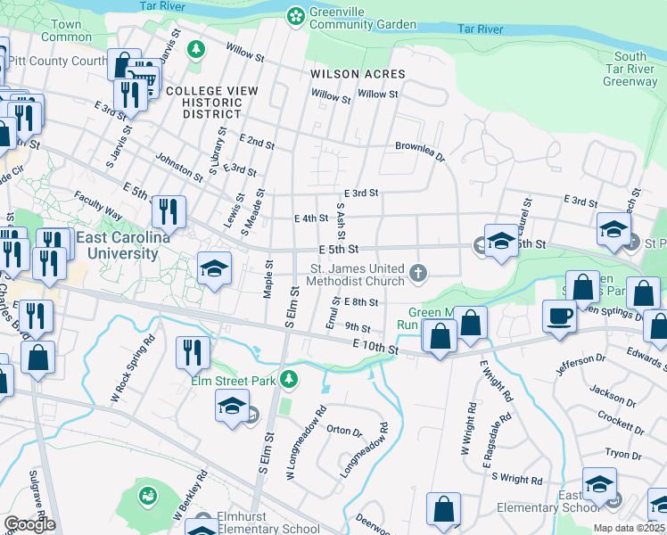 map of restaurants, bars, coffee shops, grocery stores, and more near 1802-1806 East 6th Street in Greenville
