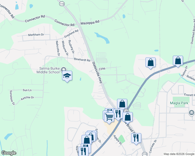 map of restaurants, bars, coffee shops, grocery stores, and more near 2350 Statesville Highway in Mooresville