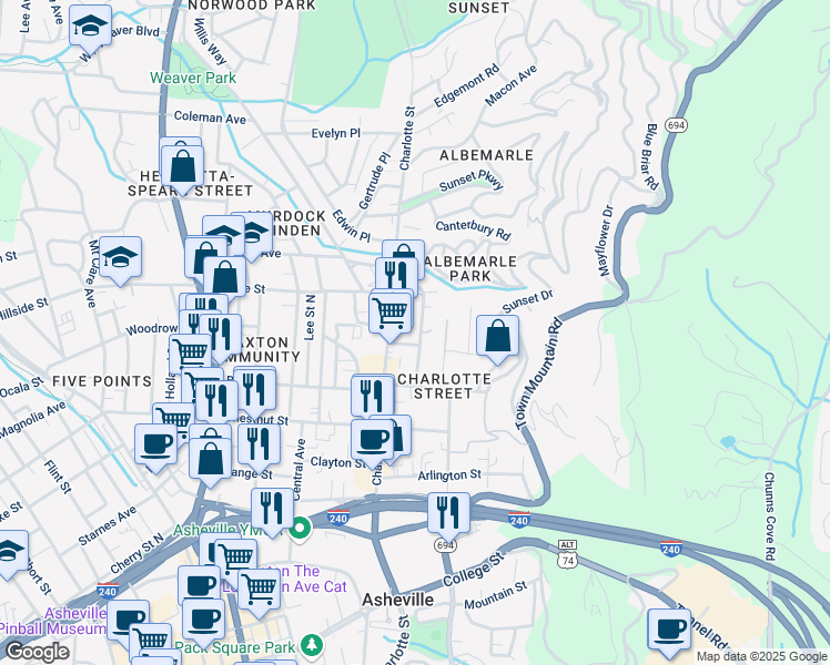 map of restaurants, bars, coffee shops, grocery stores, and more near 43 Albemarle Road in Asheville