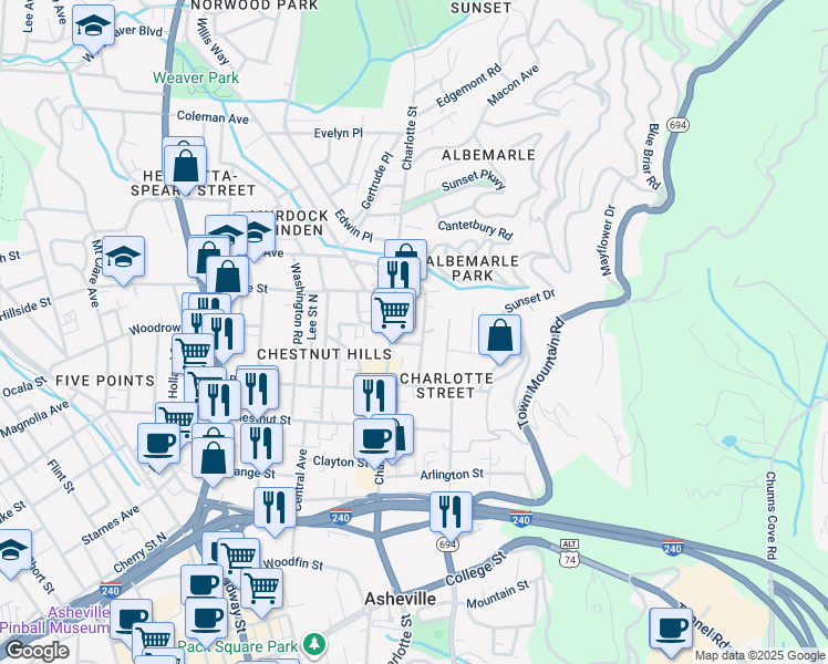 map of restaurants, bars, coffee shops, grocery stores, and more near 43 Albemarle Road in Asheville