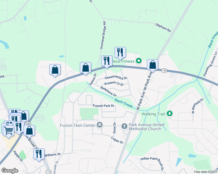 map of restaurants, bars, coffee shops, grocery stores, and more near 109 Chere Helen Drive in Mooresville