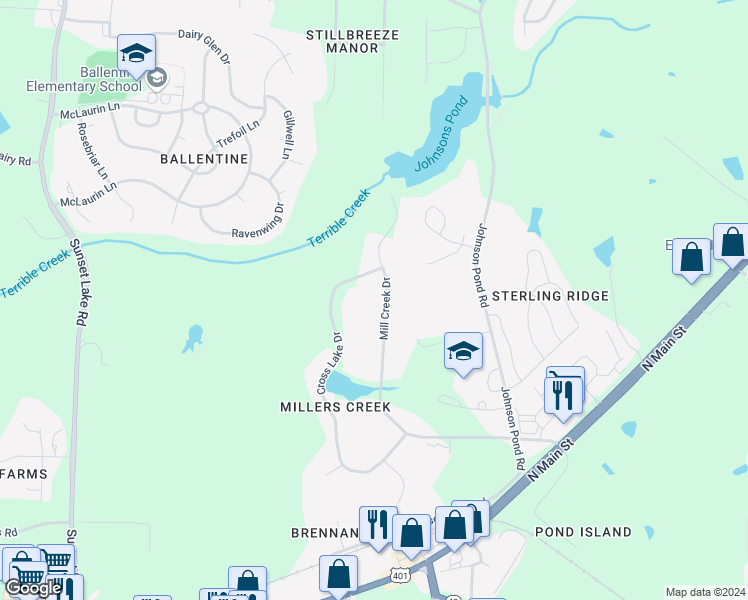 map of restaurants, bars, coffee shops, grocery stores, and more near 313 Mill Creek Drive in Fuquay Varina