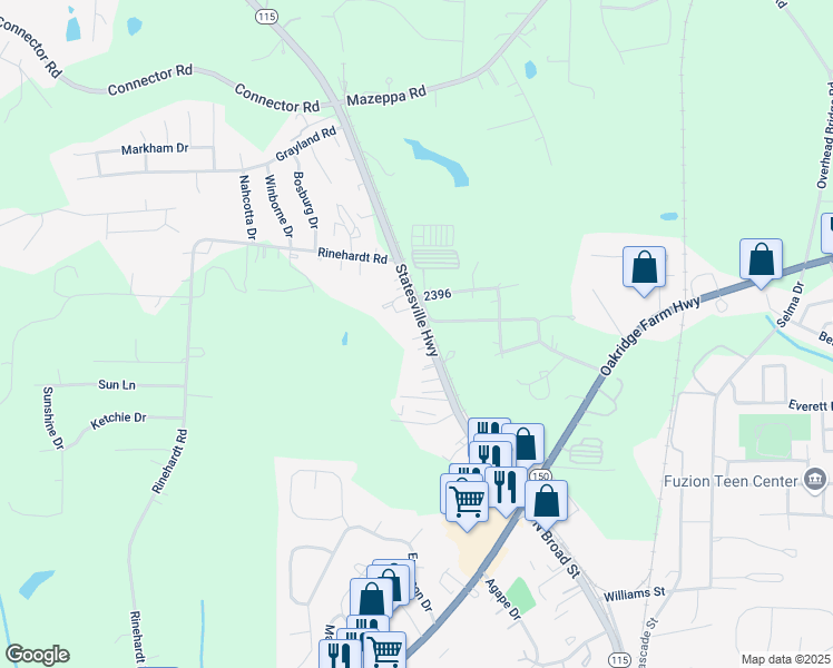 map of restaurants, bars, coffee shops, grocery stores, and more near 2344 Statesville Highway in Mooresville