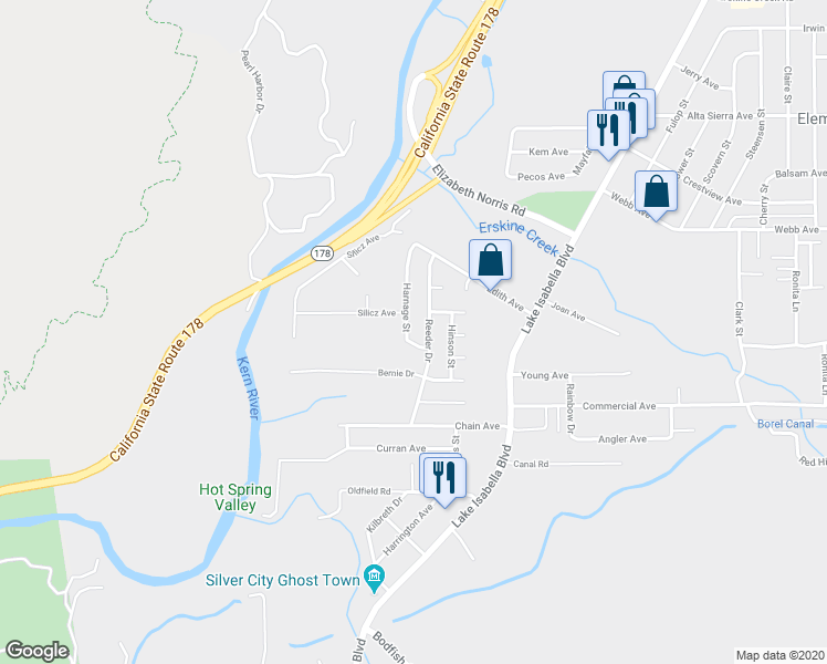 map of restaurants, bars, coffee shops, grocery stores, and more near 2242 Harnage Street in Lake Isabella