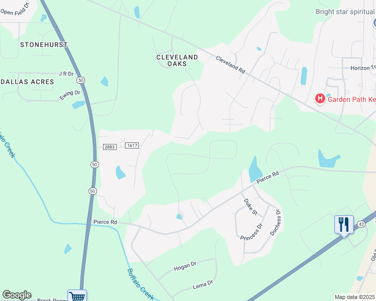 map of restaurants, bars, coffee shops, grocery stores, and more near 471 Pierce Landing Drive in Garner