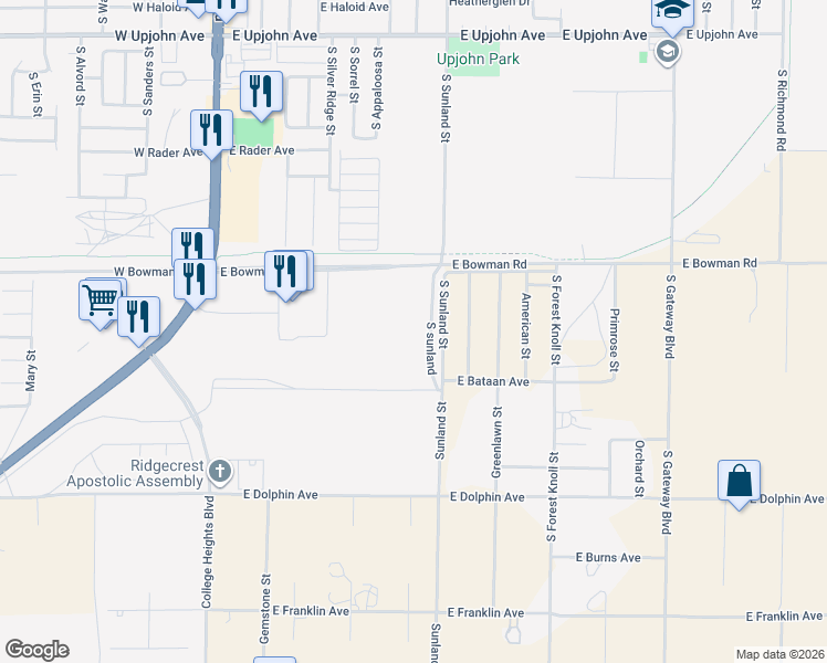 map of restaurants, bars, coffee shops, grocery stores, and more near 507 East Bataan Avenue in Ridgecrest