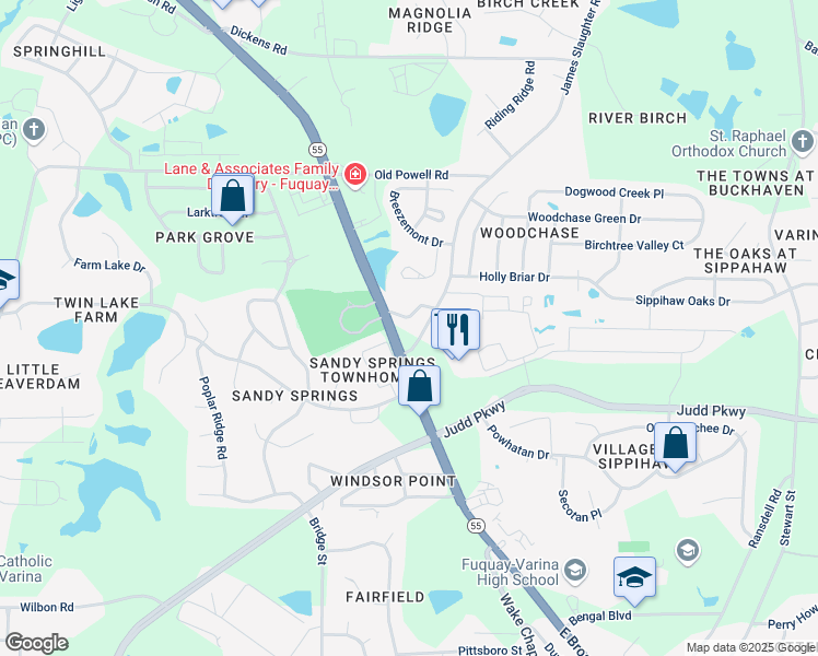 map of restaurants, bars, coffee shops, grocery stores, and more near 1600 Broad Street in Fuquay-Varina