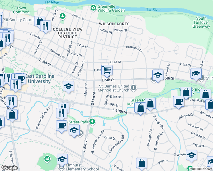 map of restaurants, bars, coffee shops, grocery stores, and more near 1802-1806 East 6th Street in Greenville