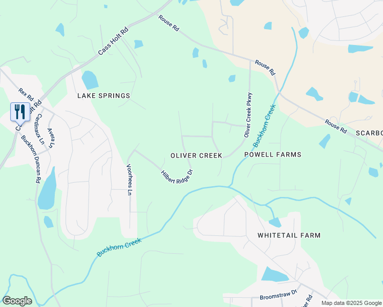 map of restaurants, bars, coffee shops, grocery stores, and more near 6215 Hilbert Ridge Drive in Holly Springs