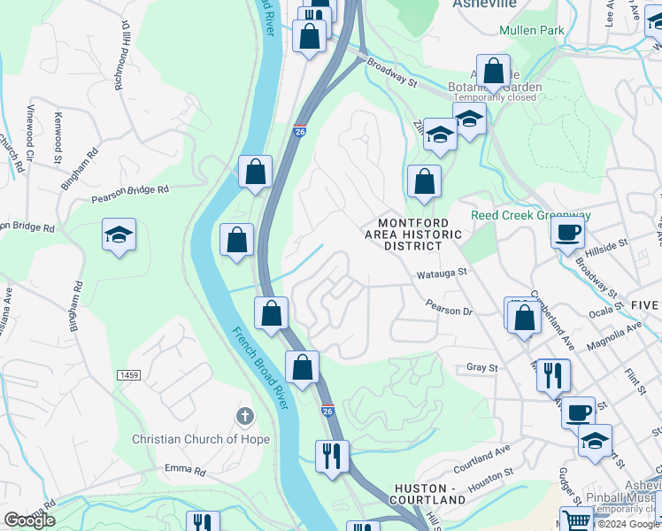 map of restaurants, bars, coffee shops, grocery stores, and more near 251 Westover Alley in Asheville