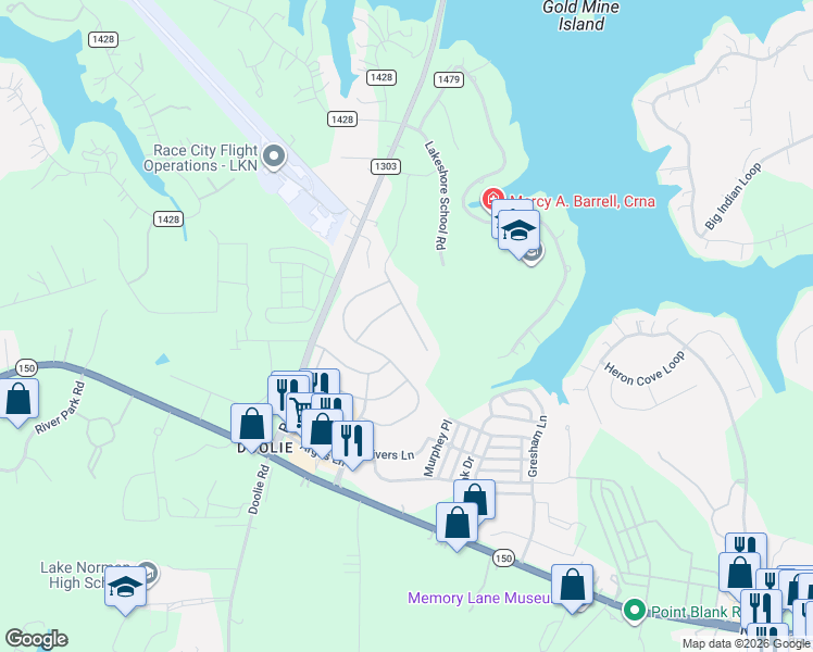 map of restaurants, bars, coffee shops, grocery stores, and more near 119 Rainberry Drive in Mooresville