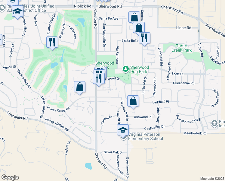 map of restaurants, bars, coffee shops, grocery stores, and more near 1401 Stoney Creek Road in Paso Robles