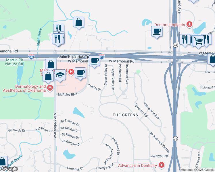 map of restaurants, bars, coffee shops, grocery stores, and more near 13321 Apple Valley Drive in Oklahoma City