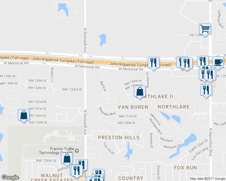 map of restaurants, bars, coffee shops, grocery stores, and more near 6812 135th Terrace in Oklahoma City