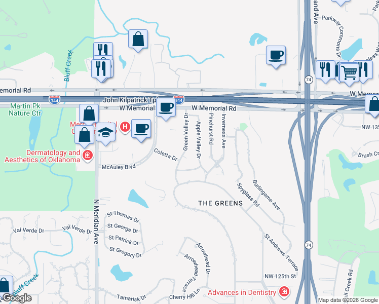 map of restaurants, bars, coffee shops, grocery stores, and more near 13321 Apple Valley Drive in Oklahoma City