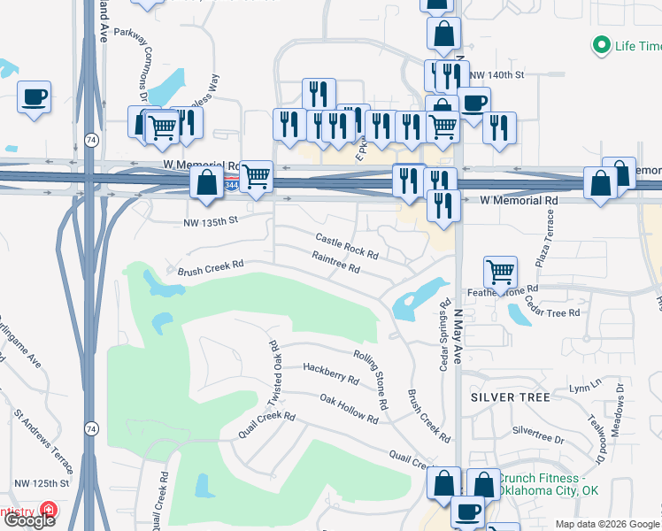 map of restaurants, bars, coffee shops, grocery stores, and more near 3200 Brush Creek Road in Oklahoma City