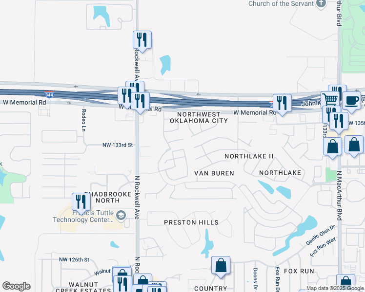 map of restaurants, bars, coffee shops, grocery stores, and more near 6812 135th Terrace in Oklahoma City