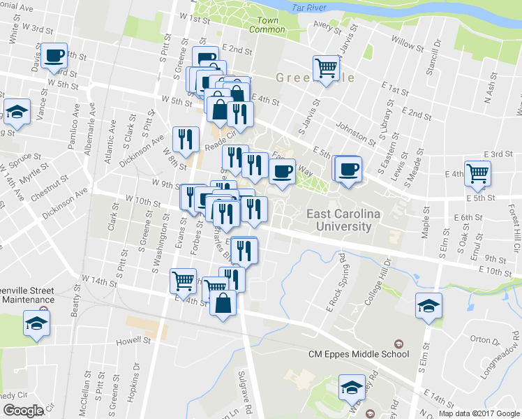 map of restaurants, bars, coffee shops, grocery stores, and more near 599 Library Drive in Greenville