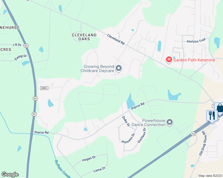 map of restaurants, bars, coffee shops, grocery stores, and more near 267 Madden Rose Loop in Garner