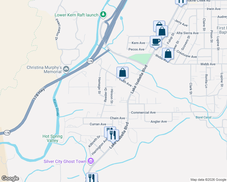 map of restaurants, bars, coffee shops, grocery stores, and more near 1906 Ware Court in Lake Isabella
